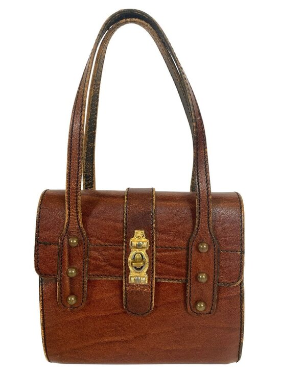 Handbags - Vintage Leather Purse Bag Handbag Brown Gold Trim Lion Mod 60s 70s